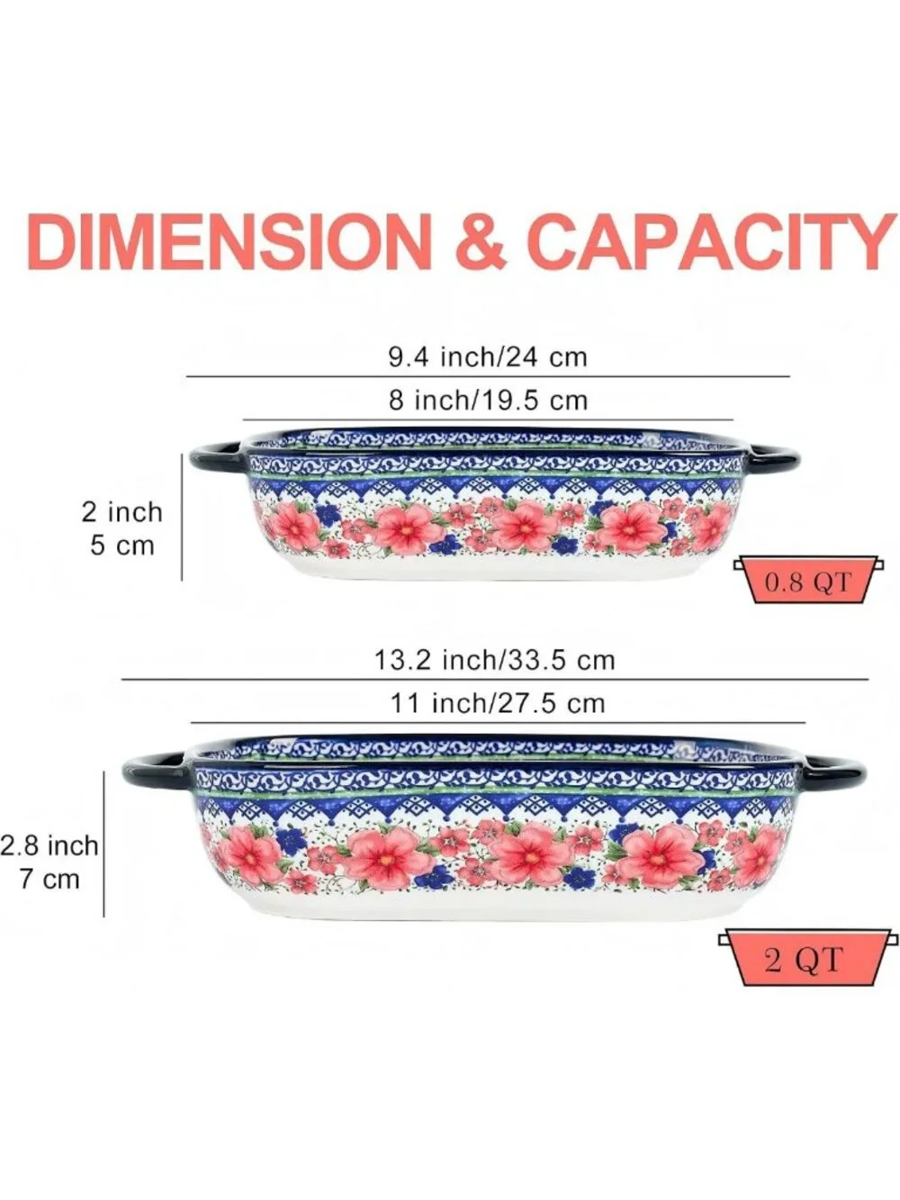 Hand-Painted Ceramic Casserole Dishes Set of 2, Oven Safe Baking Pans, Gift Idea